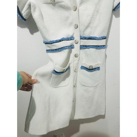 MAJE White Blue Tweed Gold Button Details Collared Risal Mini Dress Size 34 - Picture 7 of 15